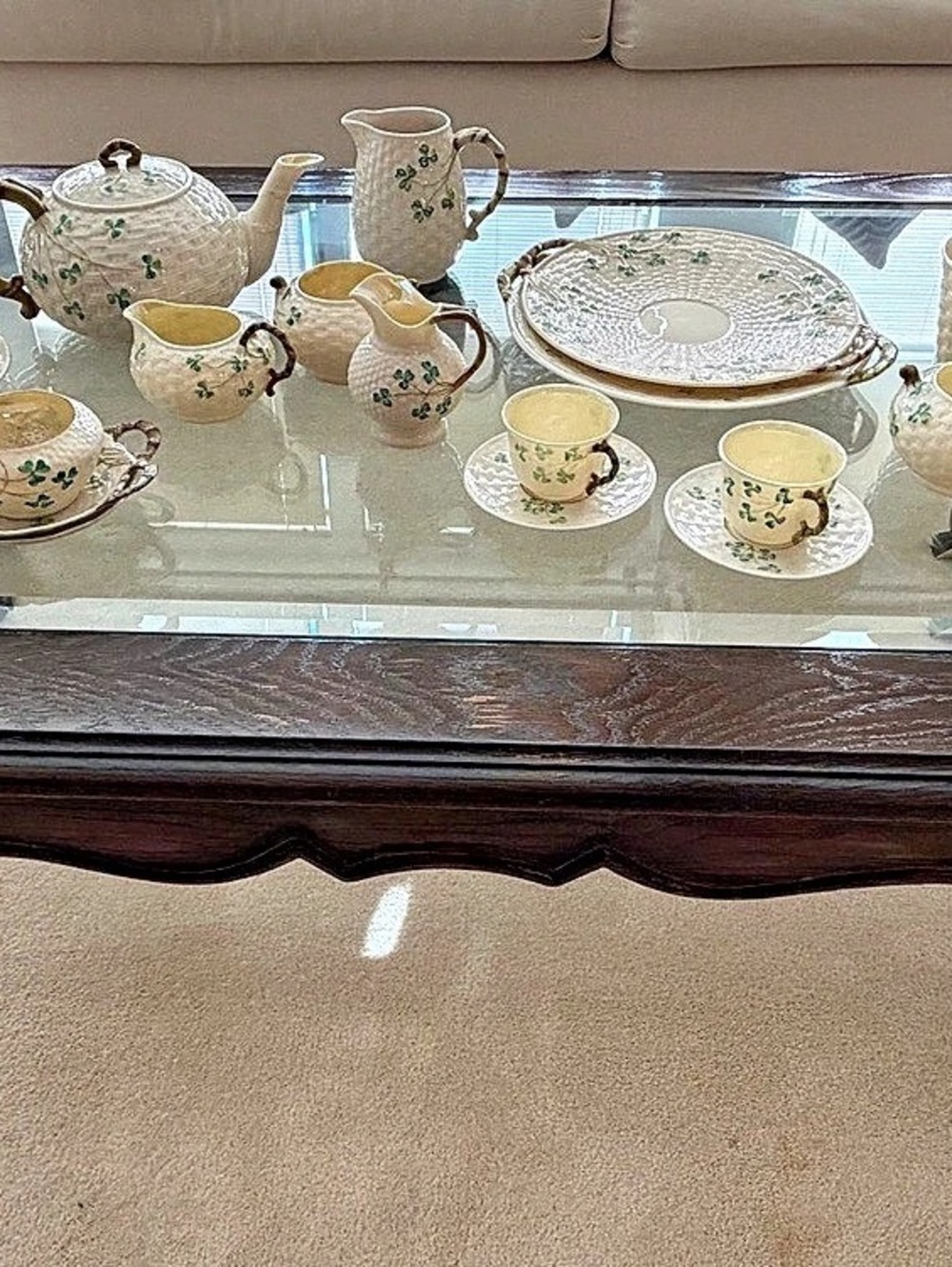 Belleek Shamrock Basketweave Tea Set Collection Cream & Green